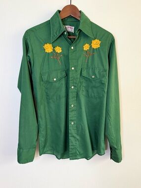 Vintage Bronco Western Shirt Green Embroidered Roses Snap Button M